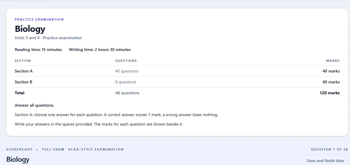 Student view of a Biology full practice exam start screen with sections, question counts and marks.
