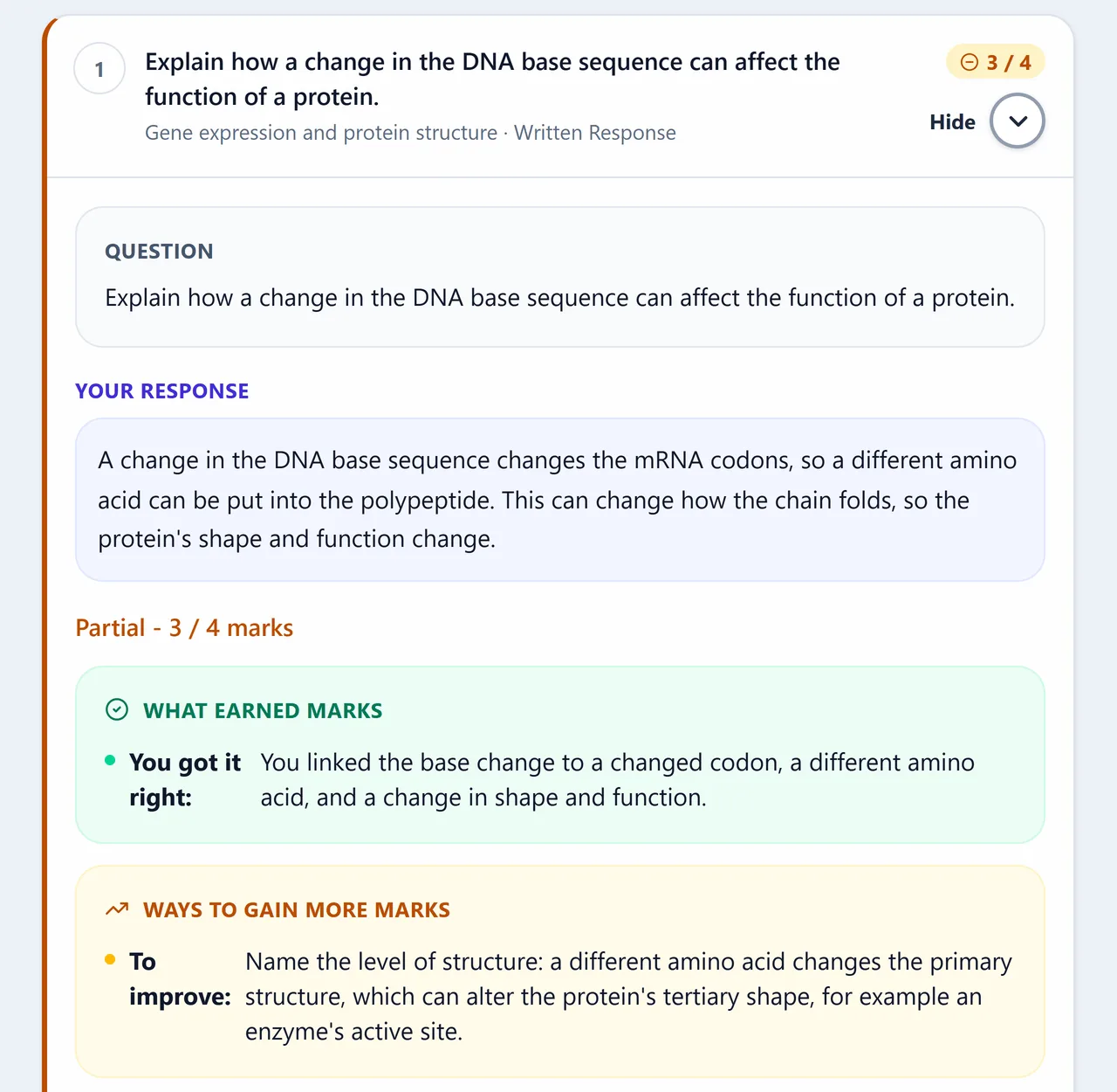 A written Biology answer marked with earned marks and a clear note showing what to add.